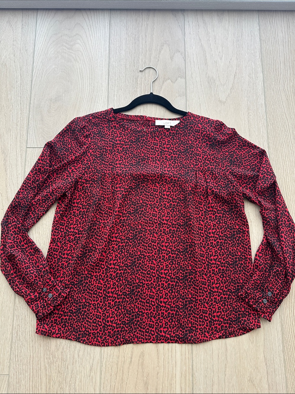 LOFT Red and Black Leopard Print Long-Sleeve Blouse